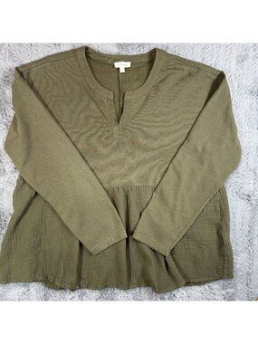 Cotton Bleu Womens Medium Olive Green Tunic Top Long Sleeves 100% Cotton Relaxed